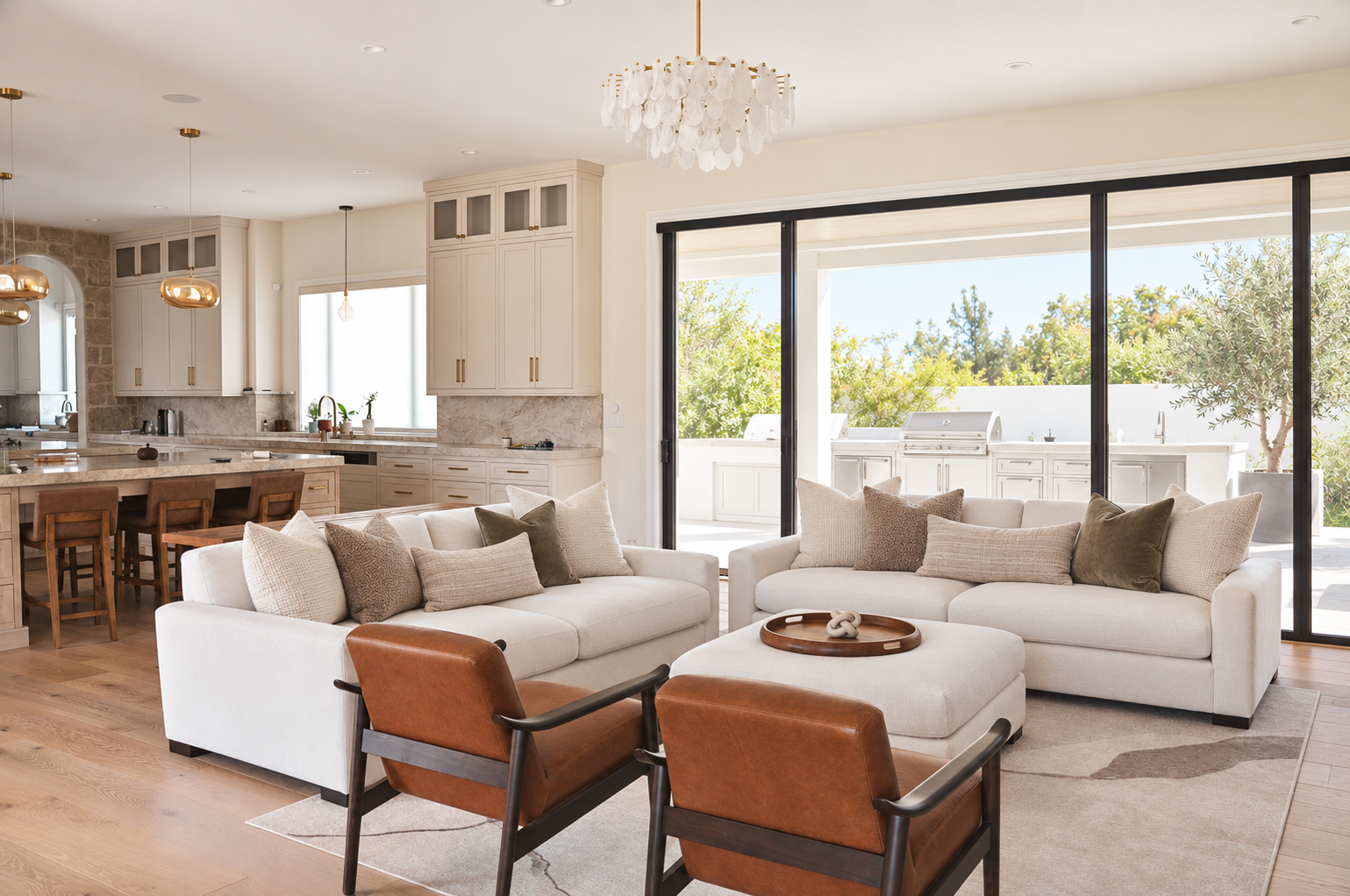 Digitally styled living room with two cream sofas, five muted textured pillows per sofa, cognac chairs, and a reconstructed white outdoor kitchen view.