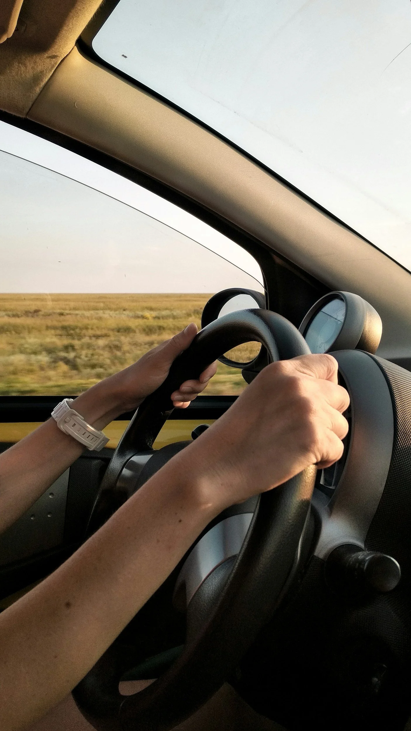 Driver's hands on the steering wheel on an open country road