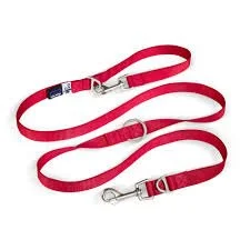 Red dog leash with metal clips and adjustable strap