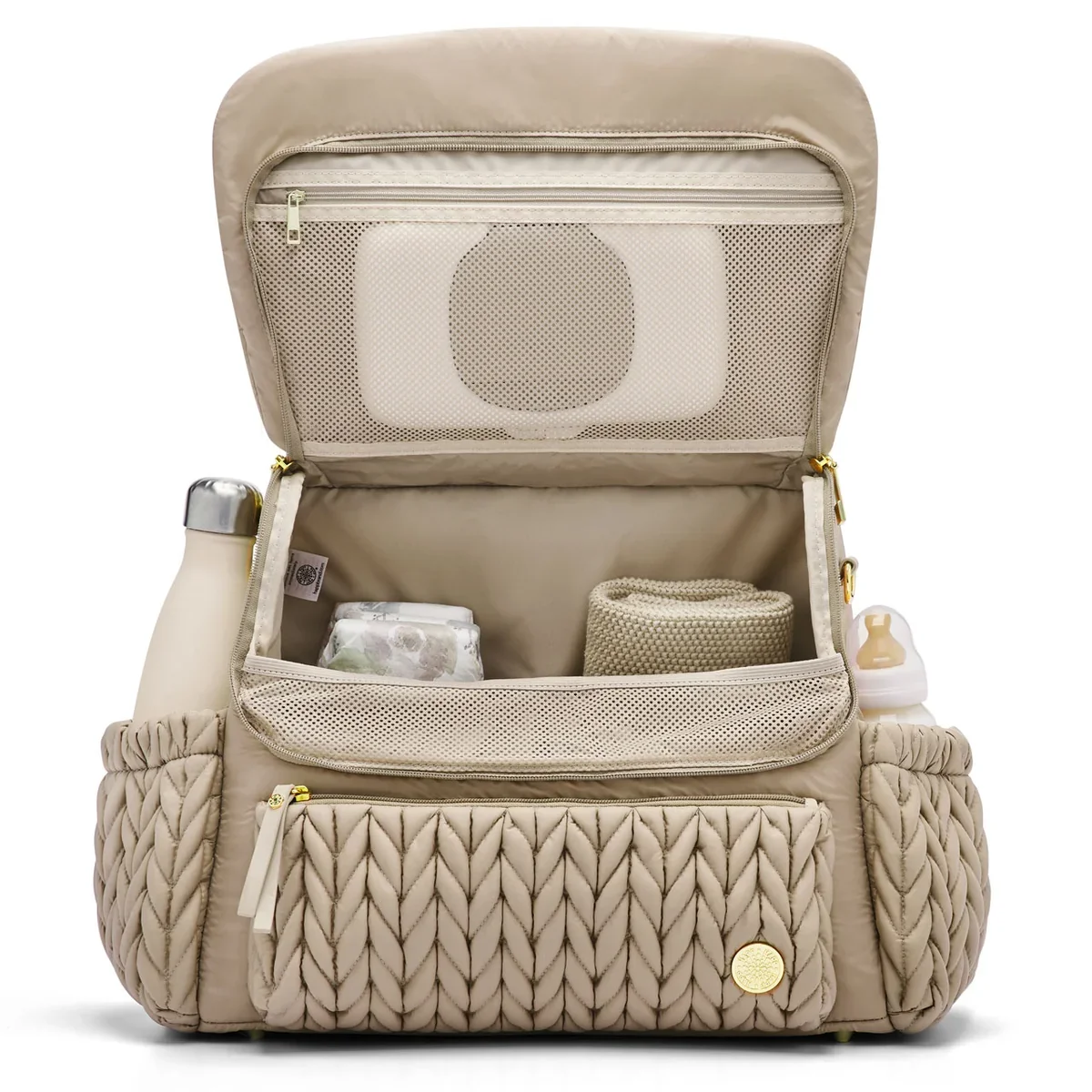 Beige backpack diaper bag on Rachel Bernhard's Baby Registry page.