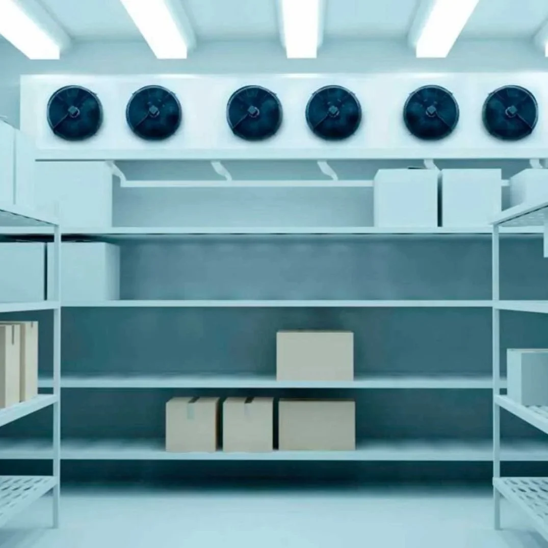 Empty store or storage room with metal shelves and a row of large black fans on the wall.