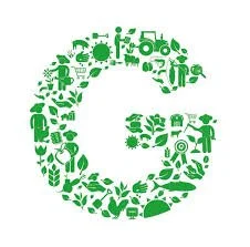 The letter G made up of various green gardening tools and plants.