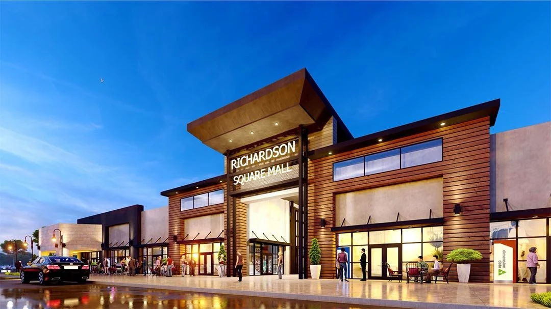 Exterior view of Richardson Square Mall with a modern architectural design, glass storefronts, and people walking outside during sunset.