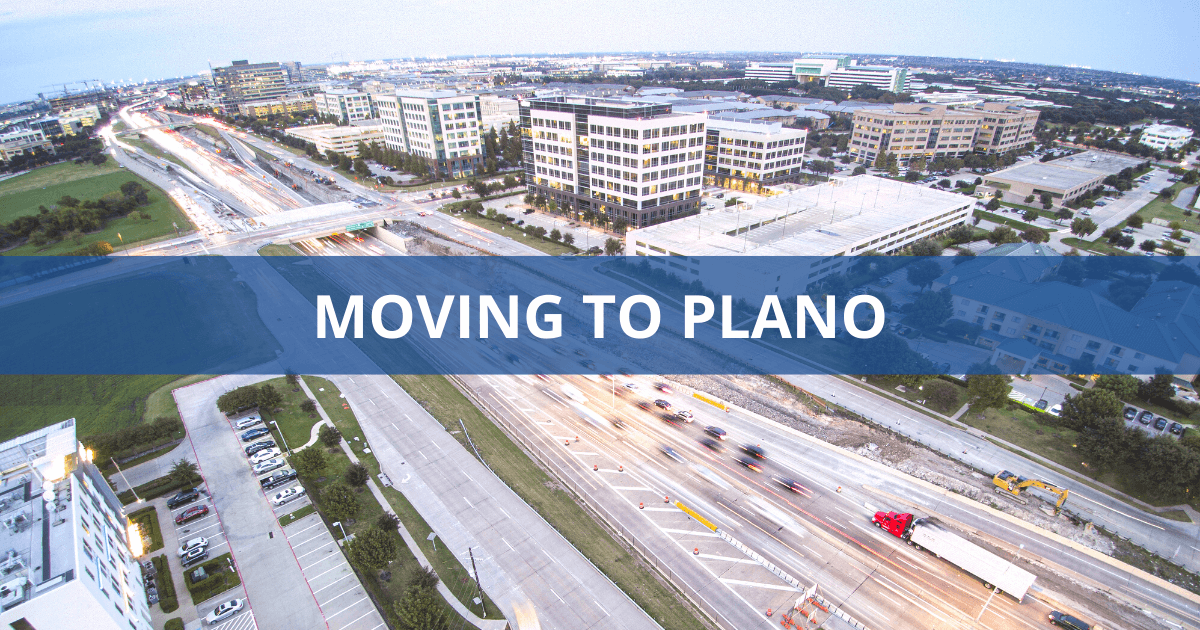 Aerial view of downtown Plano, Texas, showing buildings, roads, and highway traffic with a blue overlay and white text reading "Moving to Plano."