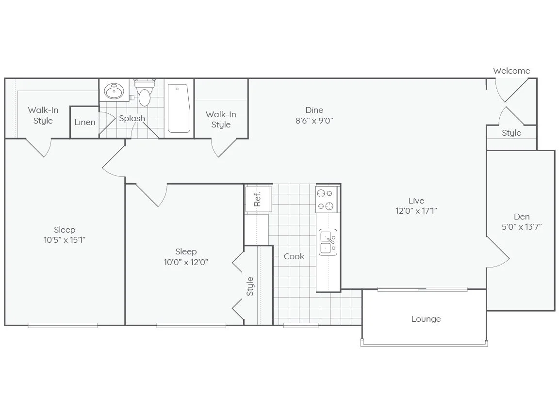 Floor plan of a house showing various rooms including two bedrooms, a bathroom, a kitchen, a living room, a den, a lounge, and two walk-in closets.
