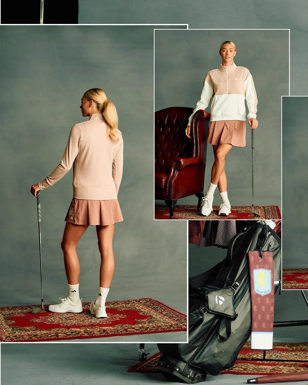 A woman in tennis attire holding a golf club stands on a rug in front of a gray background, with a superimposed image showing her leaning on a red armchair. There's also a golf bag with clubs and an Aston Villa luggage tag in the scene.
