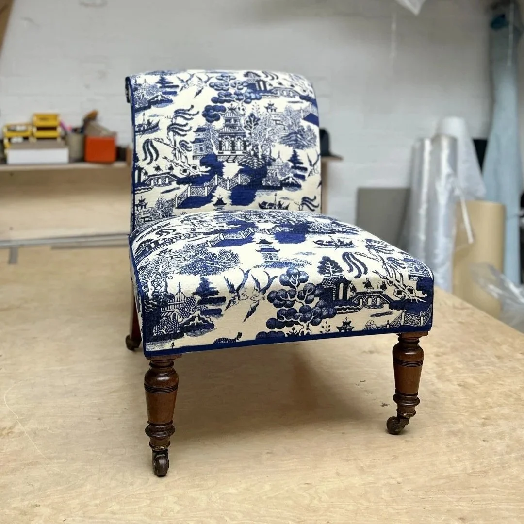 Antique Slipper Chair Upholstery in Beata Heuman Willow Fabric 