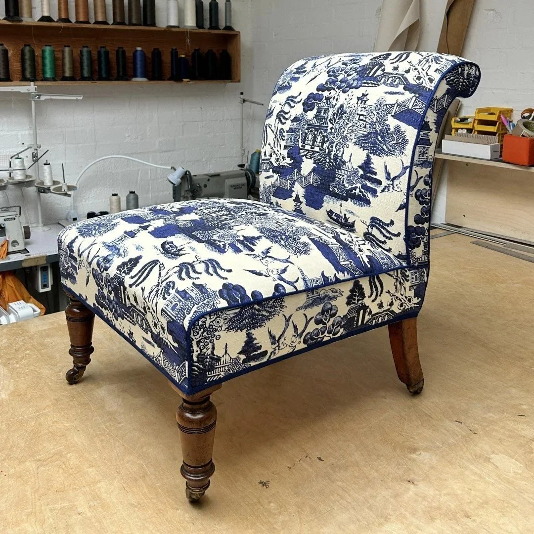 Antique Slipper Chair Upholstery in Beata Heuman Willow Fabric 