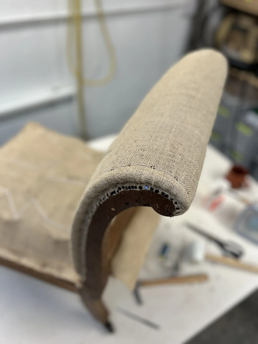 Antique Slipper Chair Upholstery in Beata Heuman Willow Fabric 