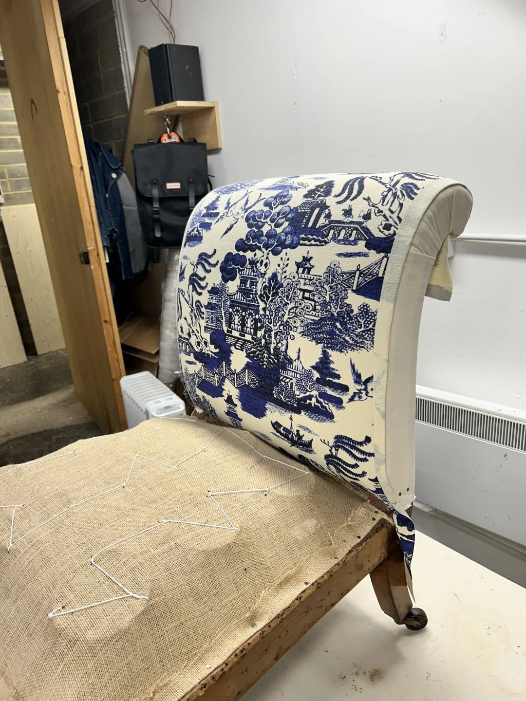 Antique Slipper Chair Upholstery in Beata Heuman Willow Fabric 