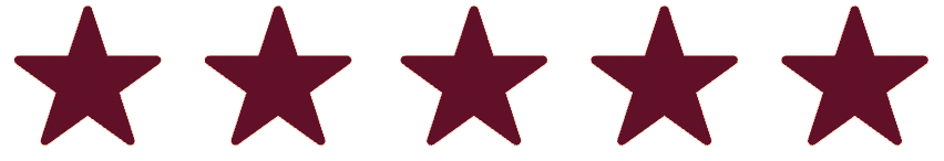 Five maroon-colored five-pointed stars in a row.