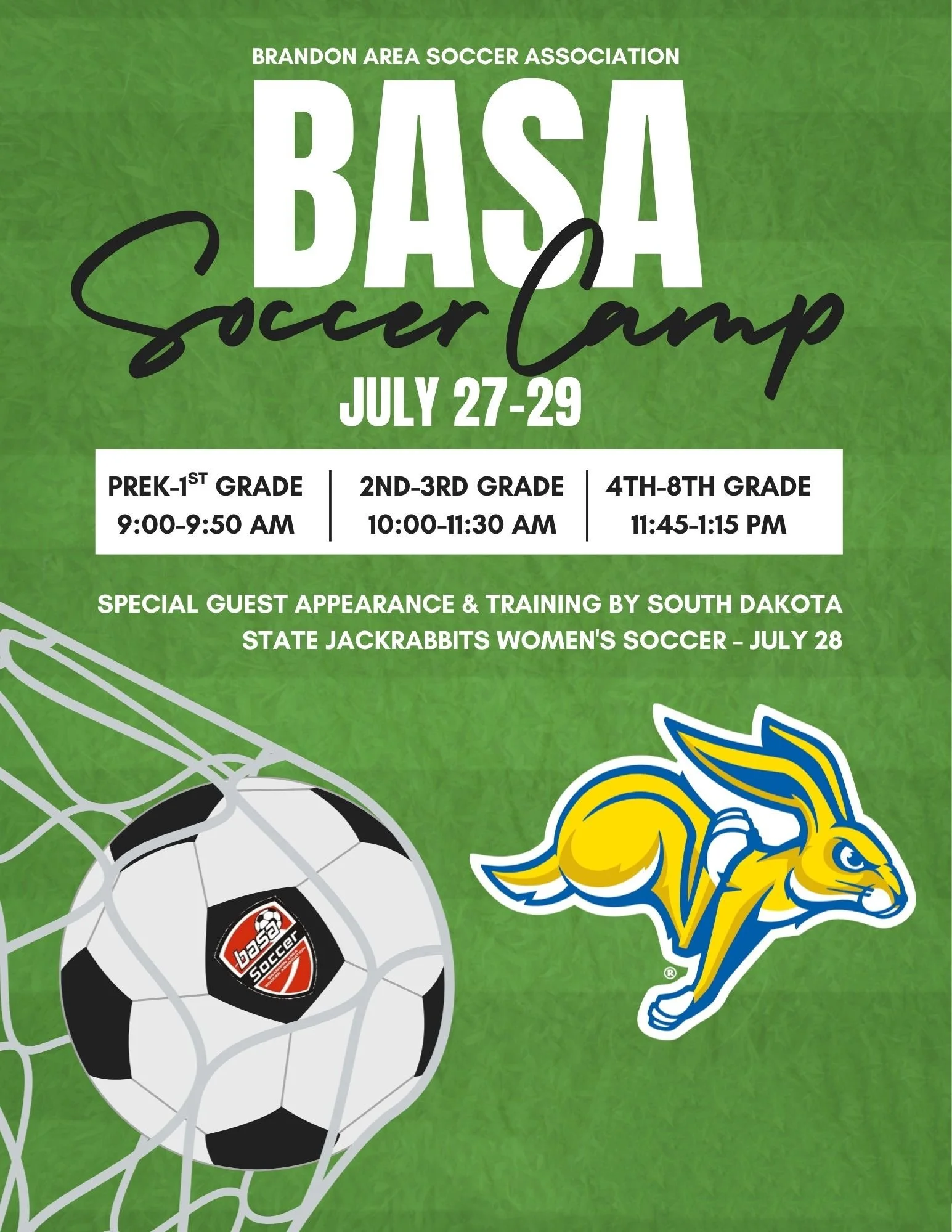 Event poster for Brandon Area Soccer Association Soccer Camp, July 27-29, with separate sessions for preschool to first grade, second to third grade, and fourth to eighth grade, with times from 9:00 AM to 1:15 PM, featuring a soccer ball and a lion mascot.