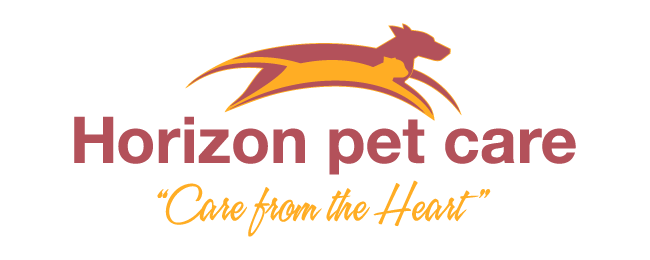 Horizon Pet Care logo with an orange silhouette of a dog above the company name and the tagline "Care from the Heart" beneath, in orange cursive.