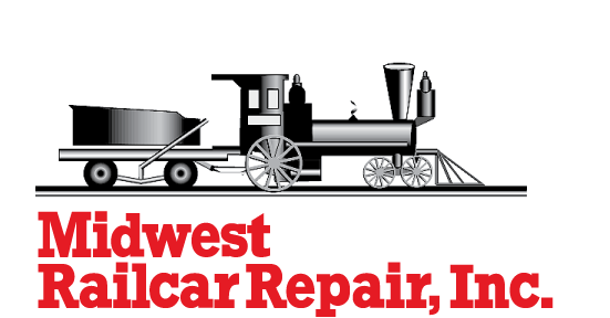 Logo of Midwest Railcar Repair, Inc. featuring an illustration of a vintage steam engine train with a black locomotive and a flatbed train car.