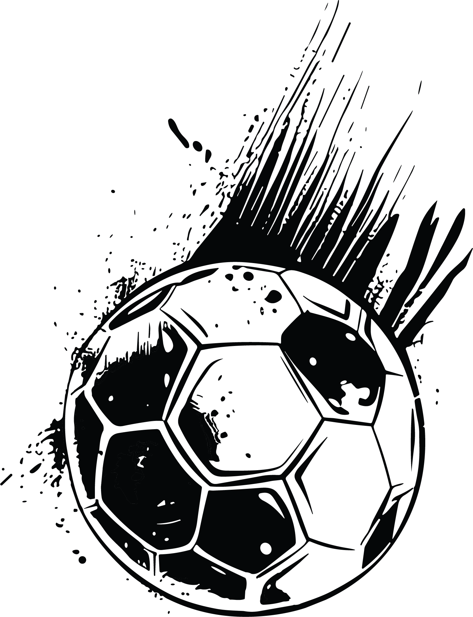 Black and white illustration of a soccer ball with dynamic lines and splashes indicating motion.