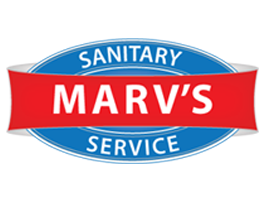 Marv's Sanitary Service logo with blue oval background, red banner with white text, and white text on blue surrounding it.