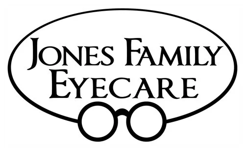Logo for Jones Family Eyecare, featuring an oval shape and a pair of eyeglasses underneath the text.