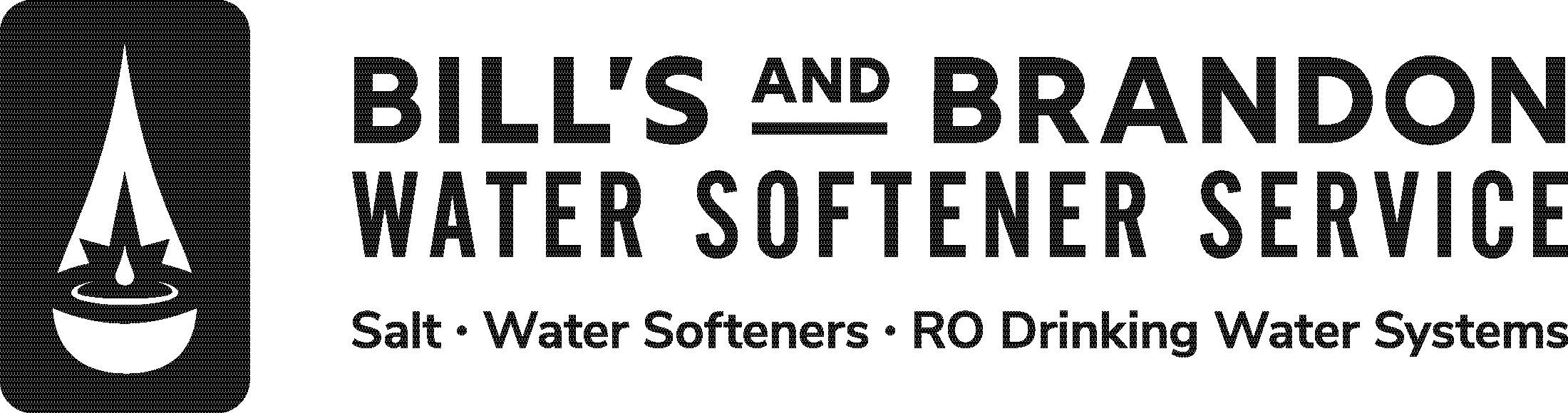 Logo for Bill's and Brandon Water Softener Service, showcasing a water drop with a wave inside, accompanied by text indicating services for salt, water softeners, and RO drinking water systems.