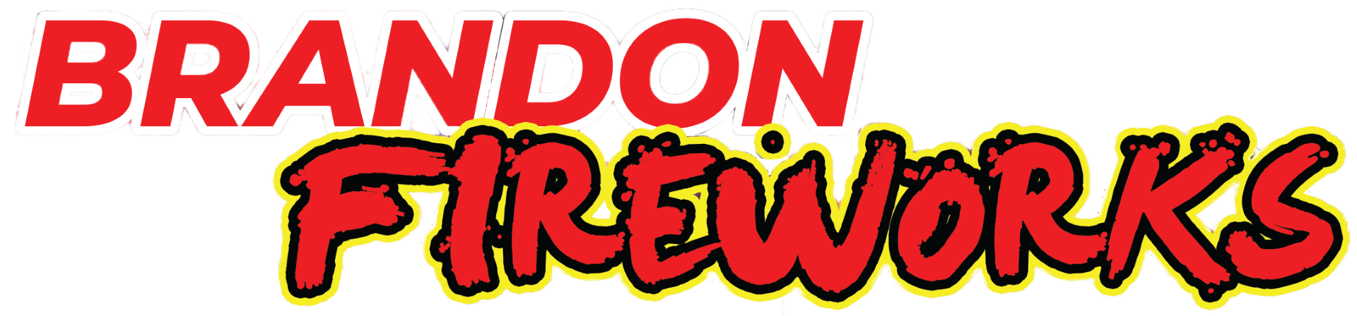 Logo for Brandon Fireworks with bold red and black text outlined in yellow.