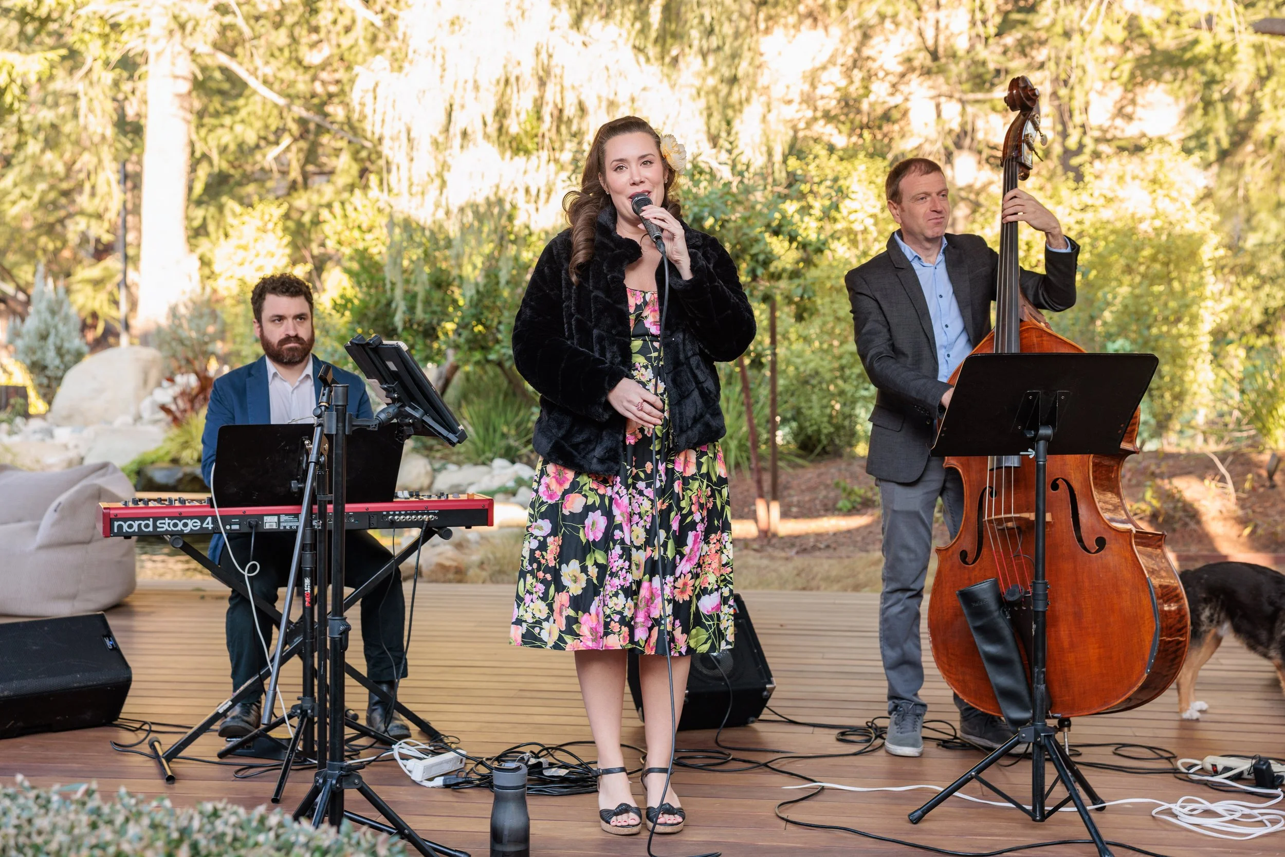 A woman singing into a microphone while a man plays the upright bass and another man plays the keyboard outdoors on a wooden deck surrounded by trees and greenery.
