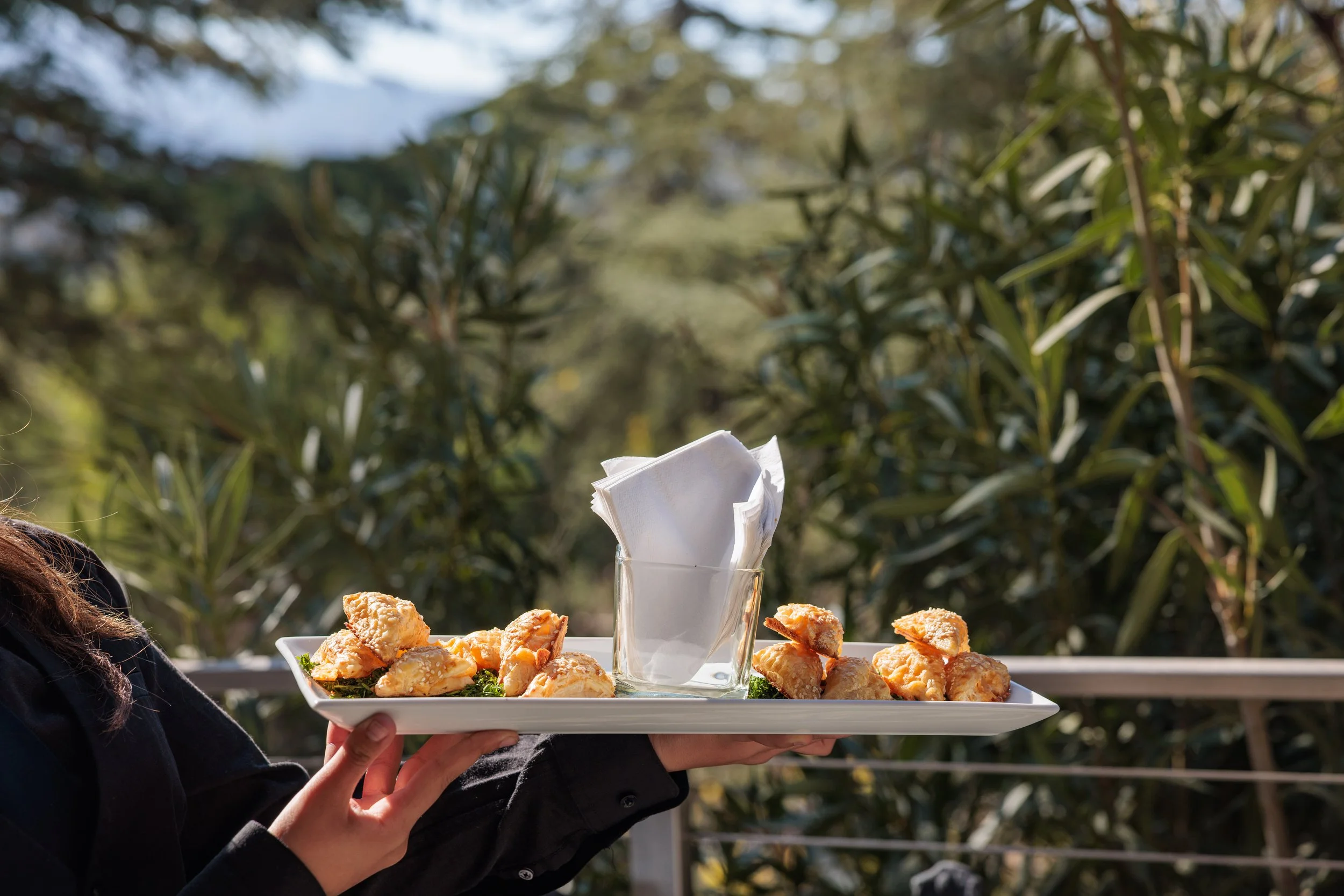 Person holding a rectangular white platter with fried chicken pieces and a glass cup containing napkins, set outdoors with green trees in the background.