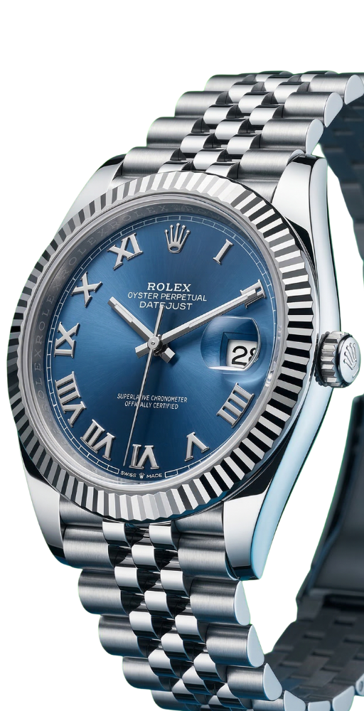 Rolex Oyster Perpetual Datejust watch with blue dial, Roman numeral markers, fluted bezel, and silver jubilee bracelet.