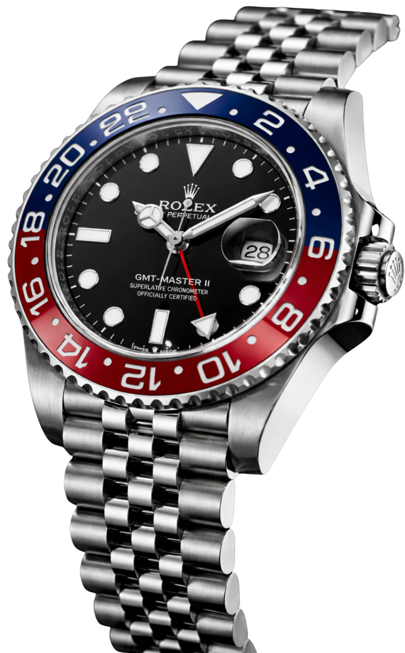 A close-up of a Rolex GMT-Master II wristwatch with a black dial, red and blue bezel, and stainless steel band, displaying the date at 3 o'clock.