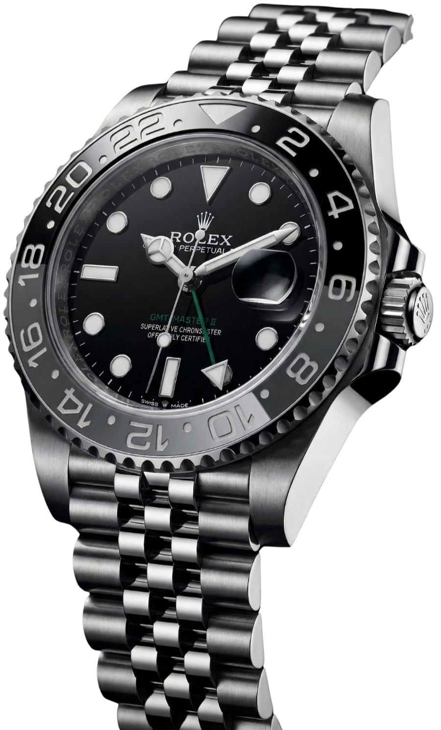 A close-up of a Rolex GMT-Master II watch with a black dial, stainless steel bracelet, and bezel showing 24-hour markings.