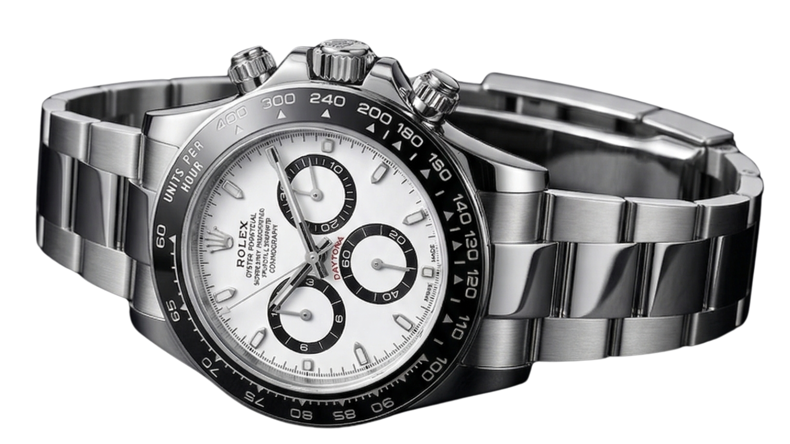 A stainless steel Rolex Daytona watch with a white dial, black subdials, and a tachymeter bezel, against a black background.