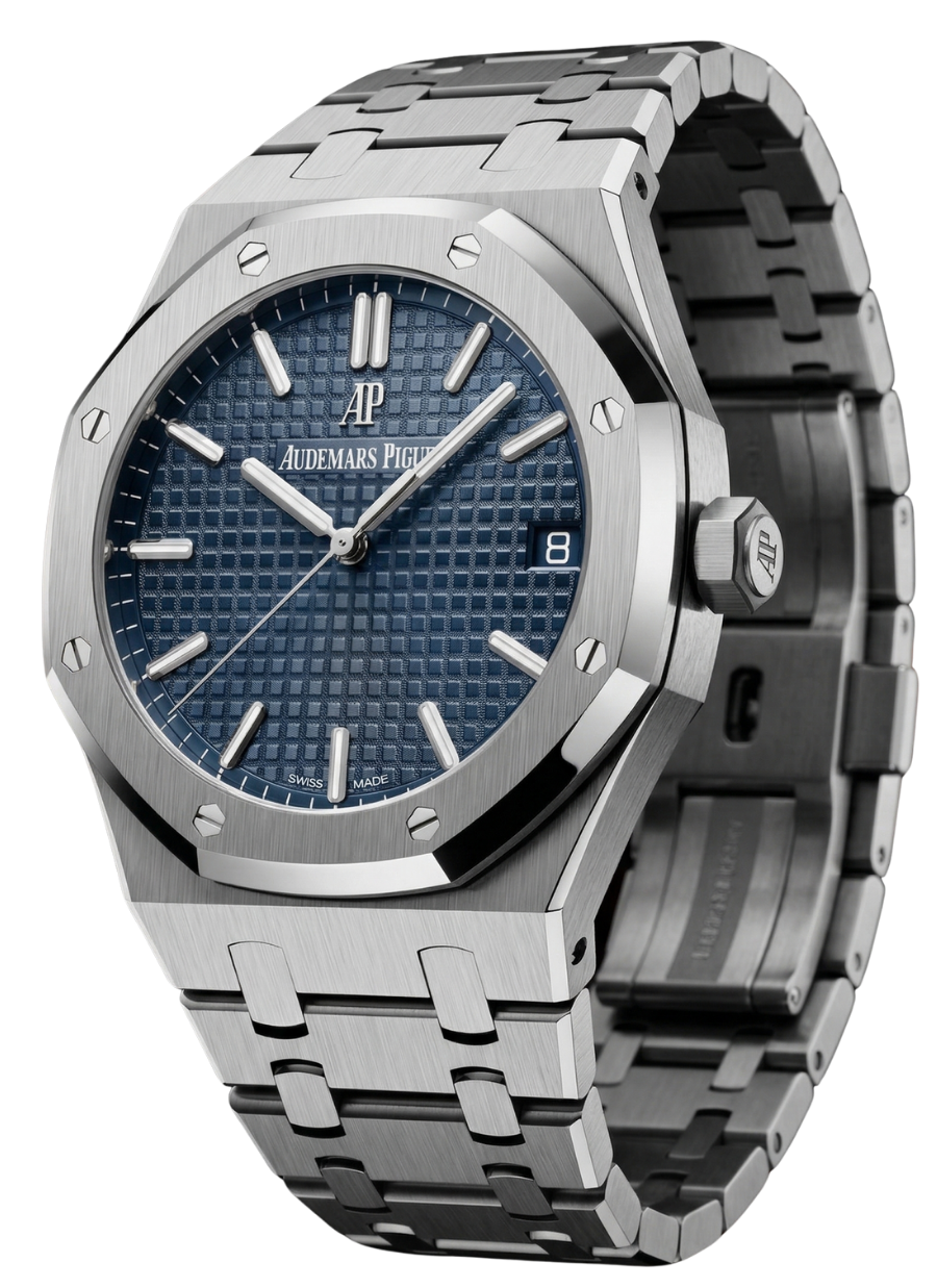 A luxury Audemars Piguet wristwatch with a silver metal band and a blue textured dial, featuring a date display at the three o'clock position, and six screws on the bezel.