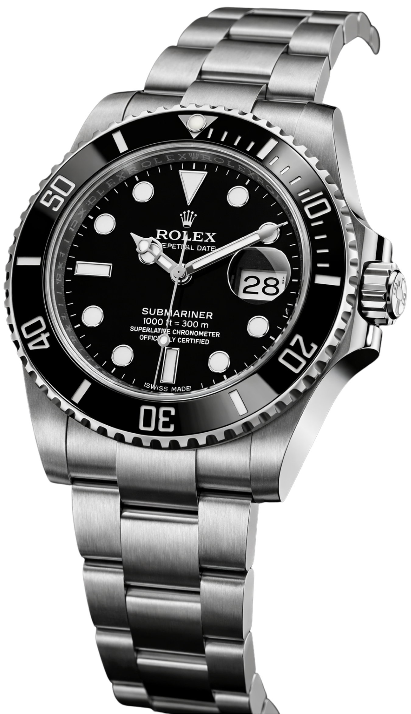 Close-up of a Rolex Submariner wristwatch with a black dial, silver markers, date display at 3 o'clock, and a stainless steel bracelet and bezel.