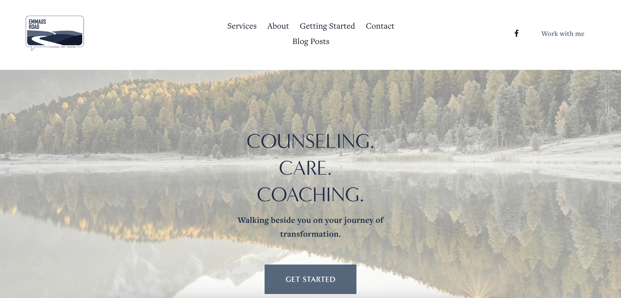 Homepage of a counseling website with the logo Emmaus Road, navigation menu, and a scenic background of trees reflected in water with the text 'Counseling. Care. Coaching.' and a 'Get Started' button.