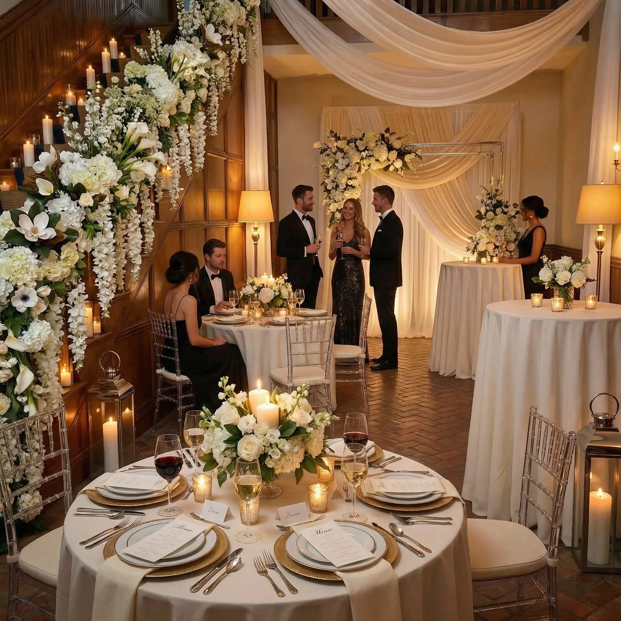 Elegant wedding reception with floral arrangements, candles, and guests in formal attire, featuring a couple sharing a moment and a dining table set with fine china and wine glasses.
