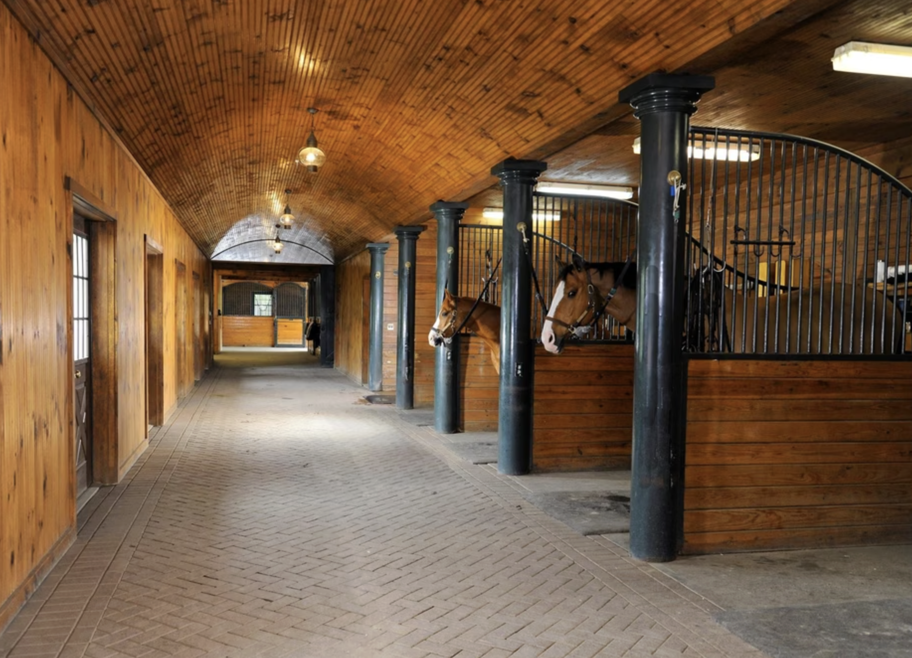 Interior of a horse stable with wooden walls and ceiling, black support columns, and two horses looking out of their stalls.