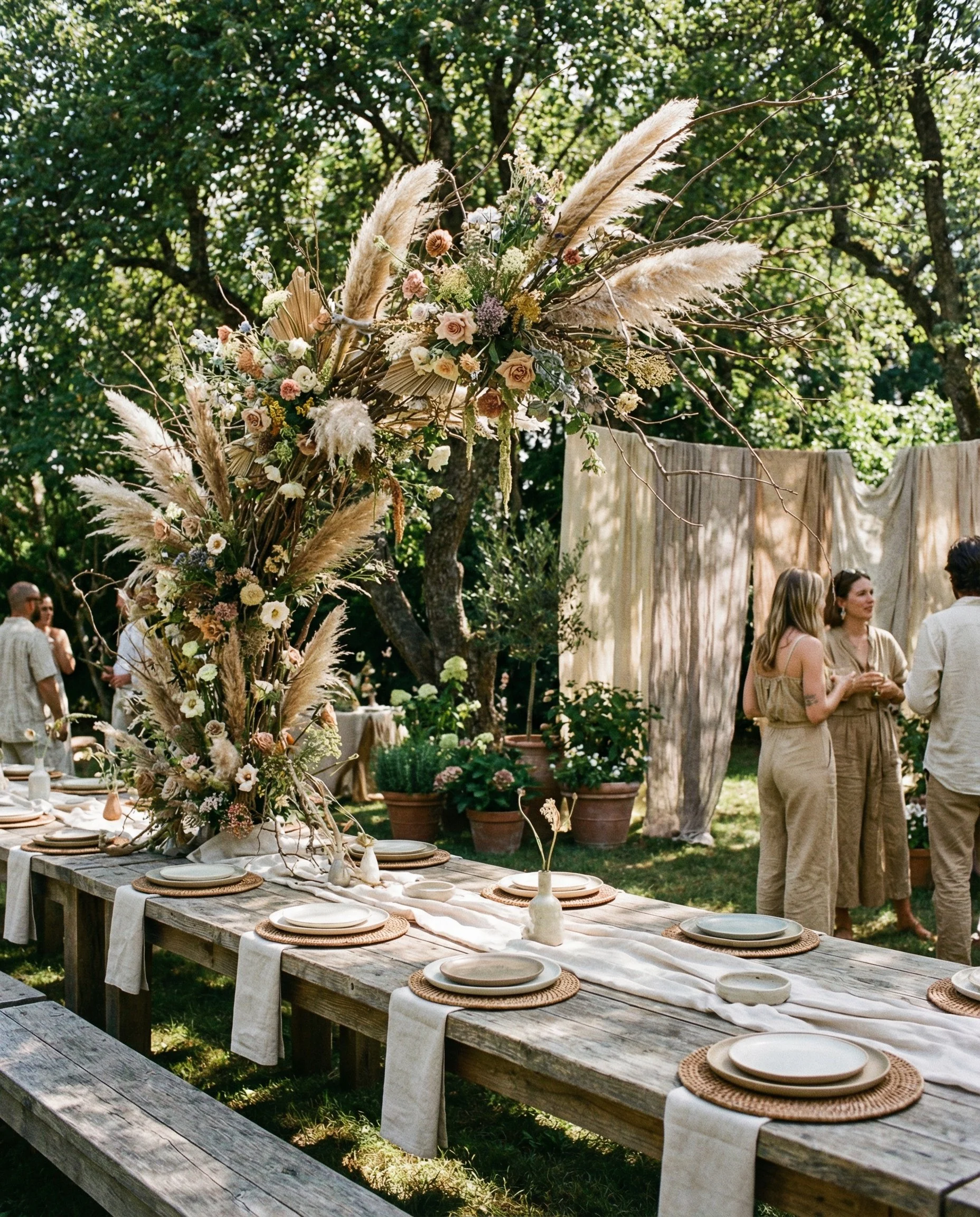 Outdoor event with a rustic wooden table decorated with a beige table runner, set with white and beige plates on woven placemats, and adorned with a large flower arrangement of pampas grass, roses, and greenery. In the background, people are socializing near a beige fabric backdrop, surrounded by potted plants and trees.