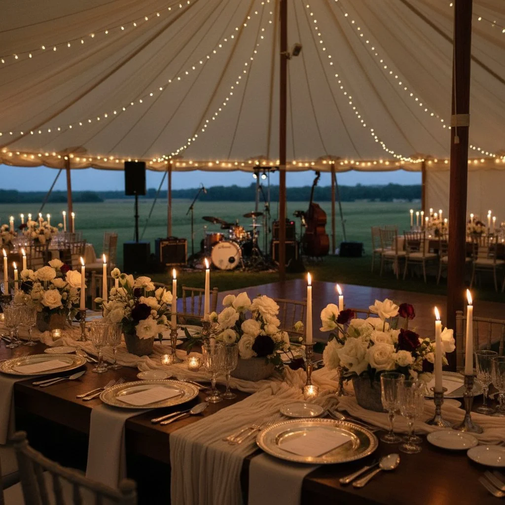 Elegant wedding reception in a large outdoor tent with string lights, floral centerpieces, and taper candlelit tables, with a stage setup for live music featuring drums, a keyboard, and a double bass.