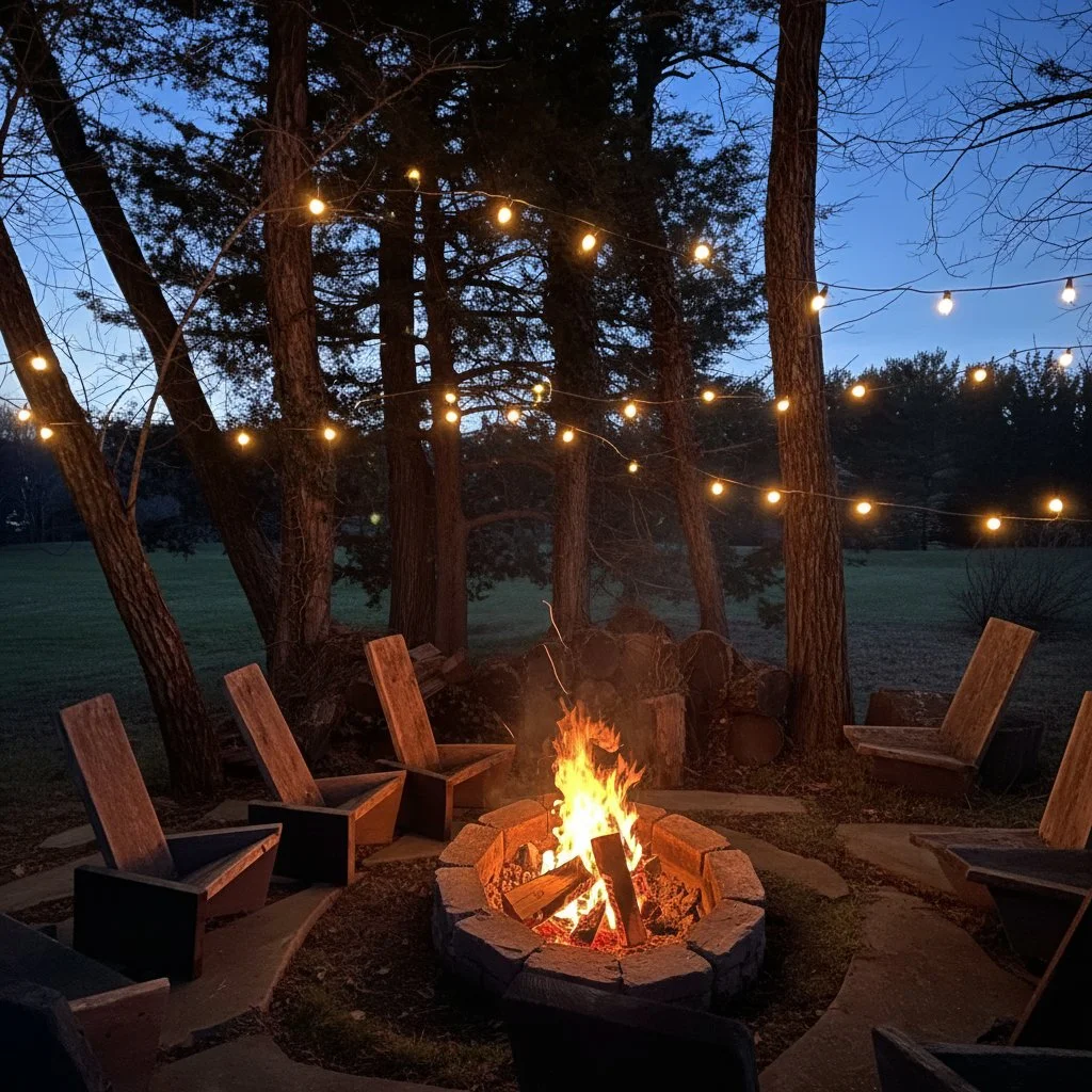 Outdoor evening scene with a bonfire surrounded by wooden chairs and string lights hung in trees.