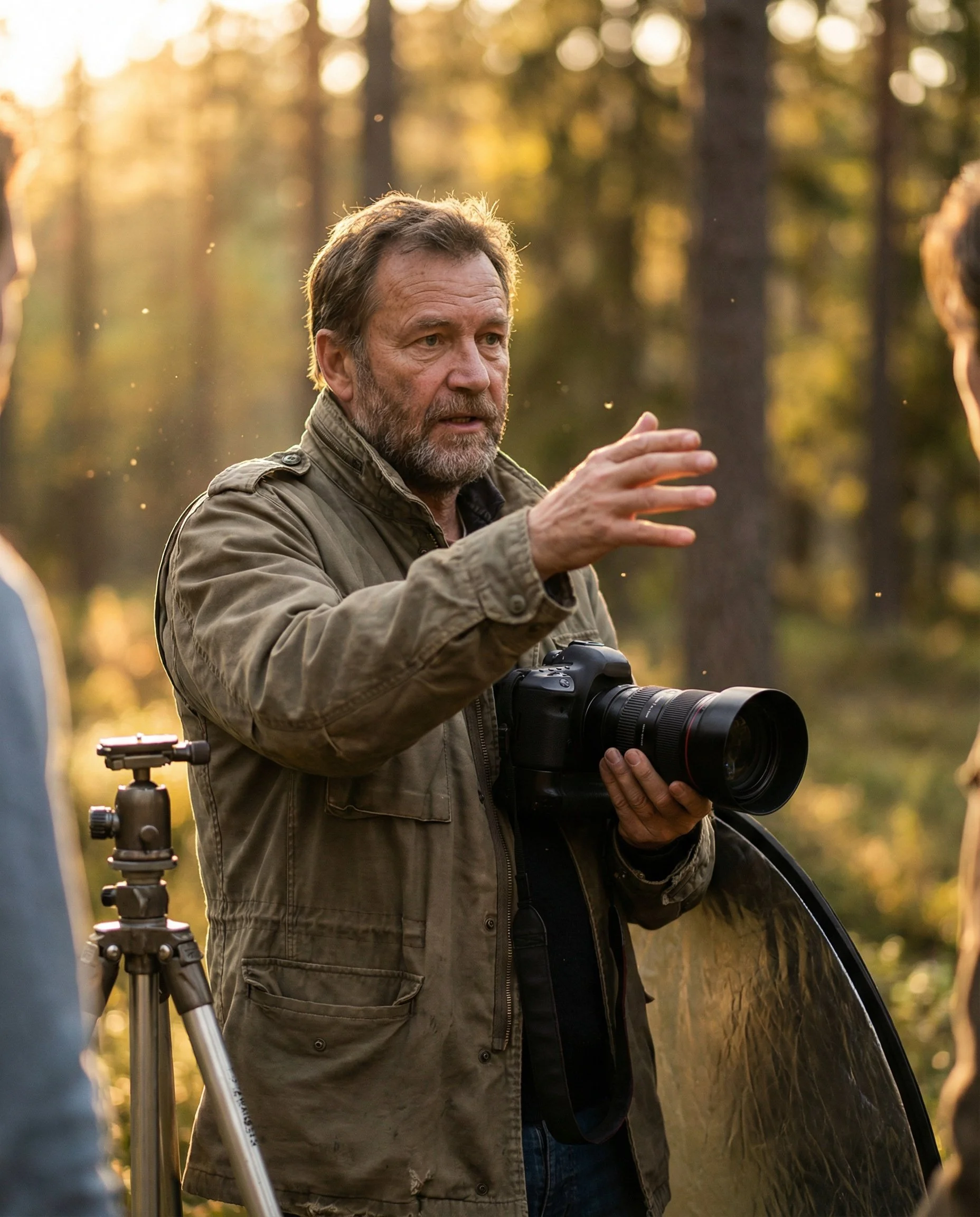 A man with a camera around his neck is talking outdoors to a group of people, gesturing with his hand, in a forest setting during sunset.
