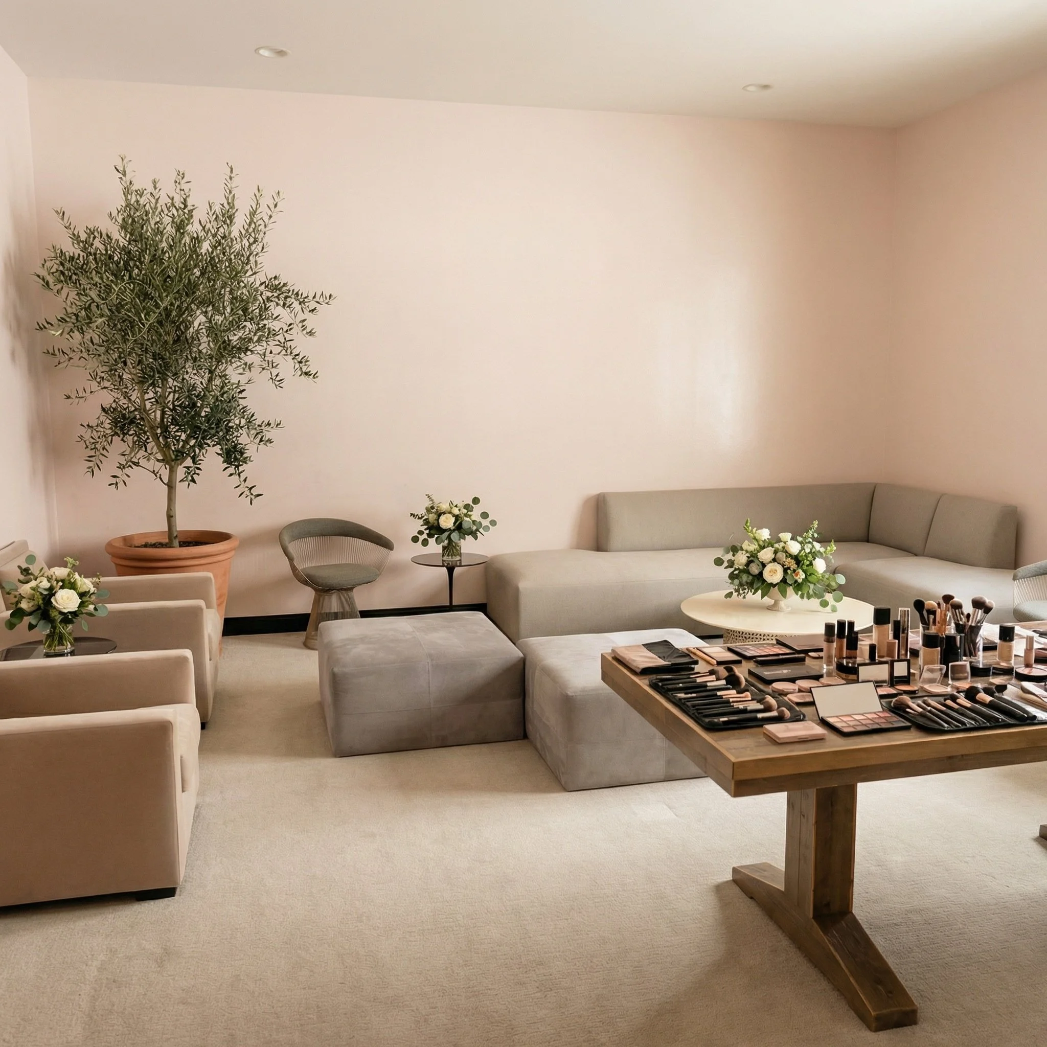 Beauty or makeup room with neutral-colored chairs, a large beige sectional sofa, two small tables with floral arrangements, a big plant, and a table with makeup brushes and products.