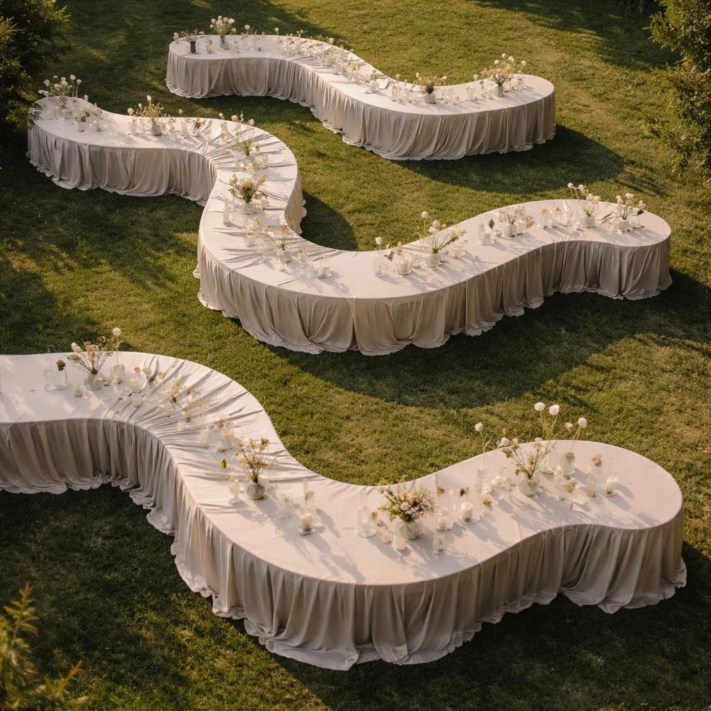 Outdoor wedding reception setup with long, serpentine tables dressed in ivory linens, decorated with floral centerpieces and candles, on a grassy area surrounded by trees.