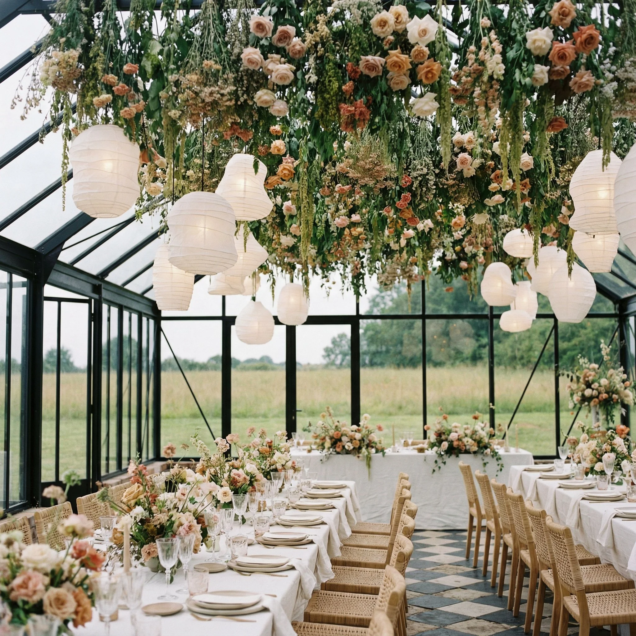 Elegant reception setup inside a temporary glass greenhouse with floral arrangements, hanging lanterns, and arranged dining tables.