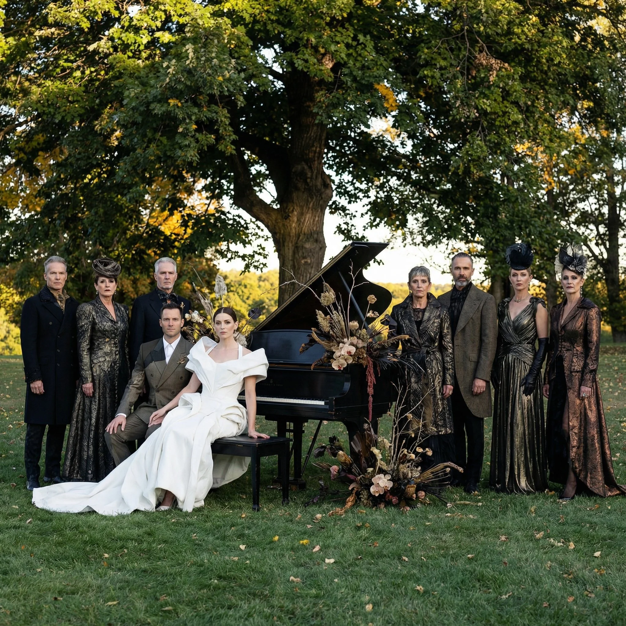 Wedding party dressed in couture fashion surrounding a black piano outdoors in a park with green grass and large trees.