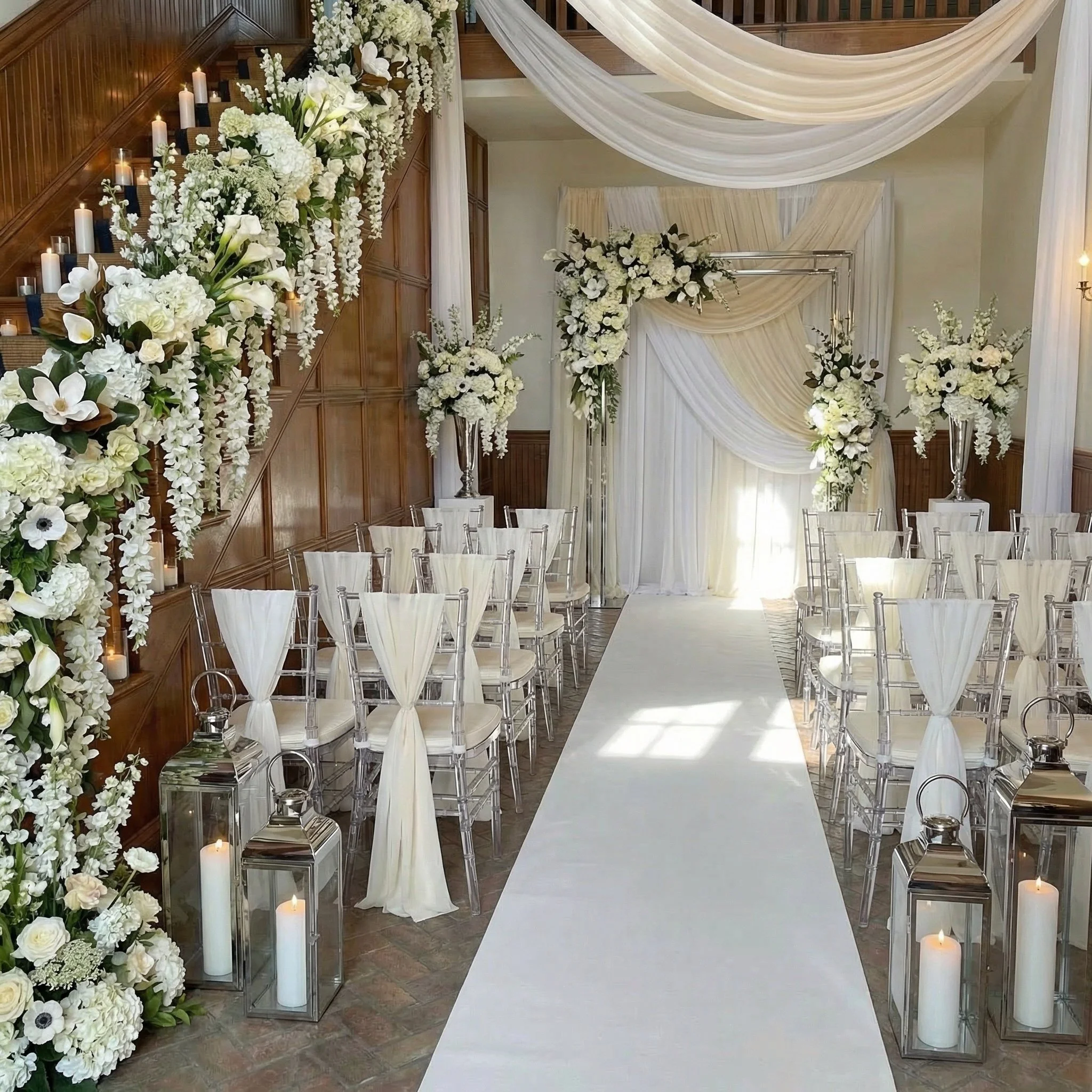 Elegant wedding ceremony setup with white drapery, large floral arrangements with white flowers, a white aisle runner, clear chairs tied with white fabric, and lanterns with candles lining the aisle.