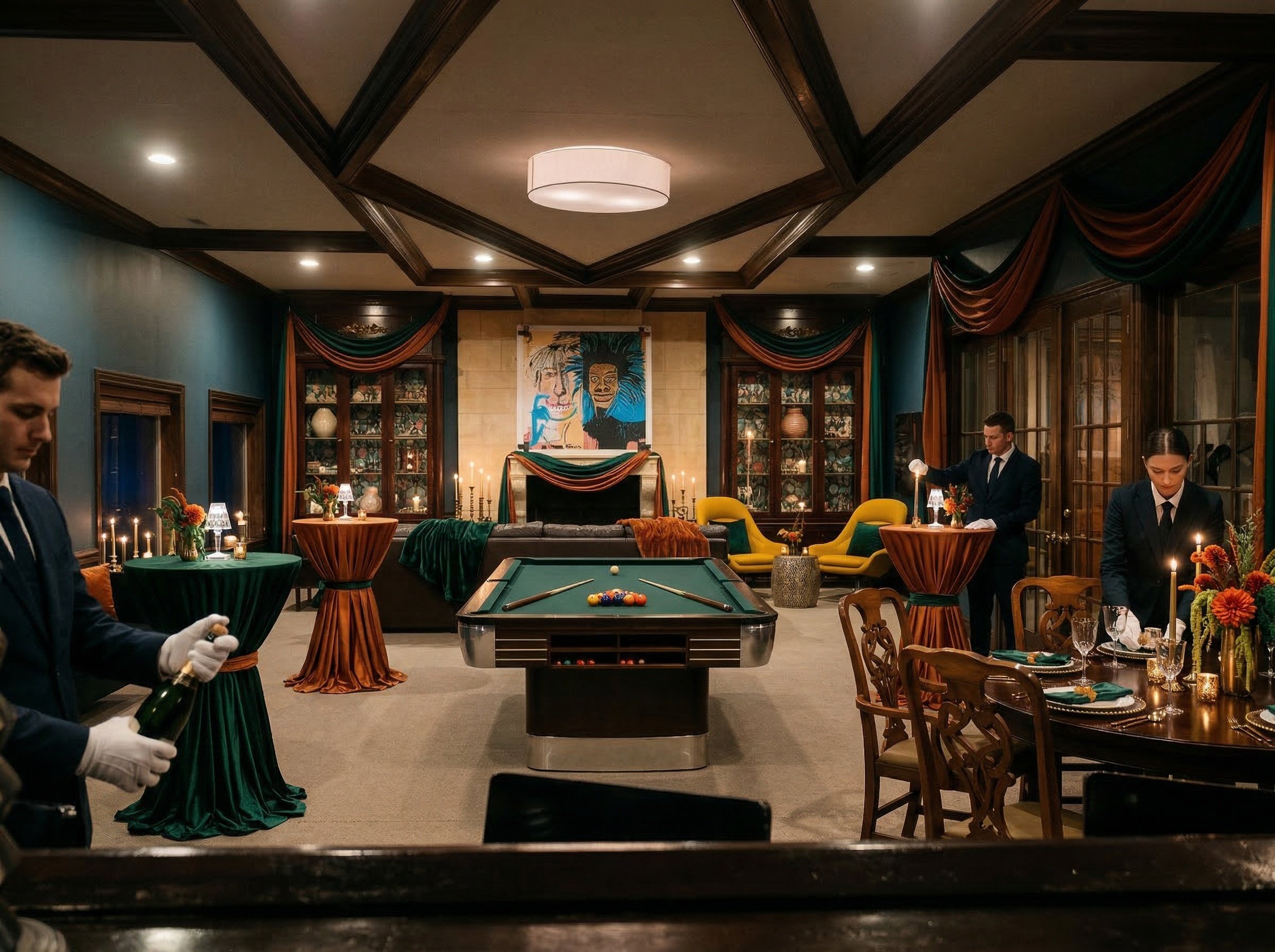 Elegant room with a pool table in the center, surrounded by tables with candles, flowers, and drinks. Two men in suits are setting up the room, and a woman in a black suit is arranging table settings. The room features dark wood cabinetry, colorful curtains, and a painting on the wall.