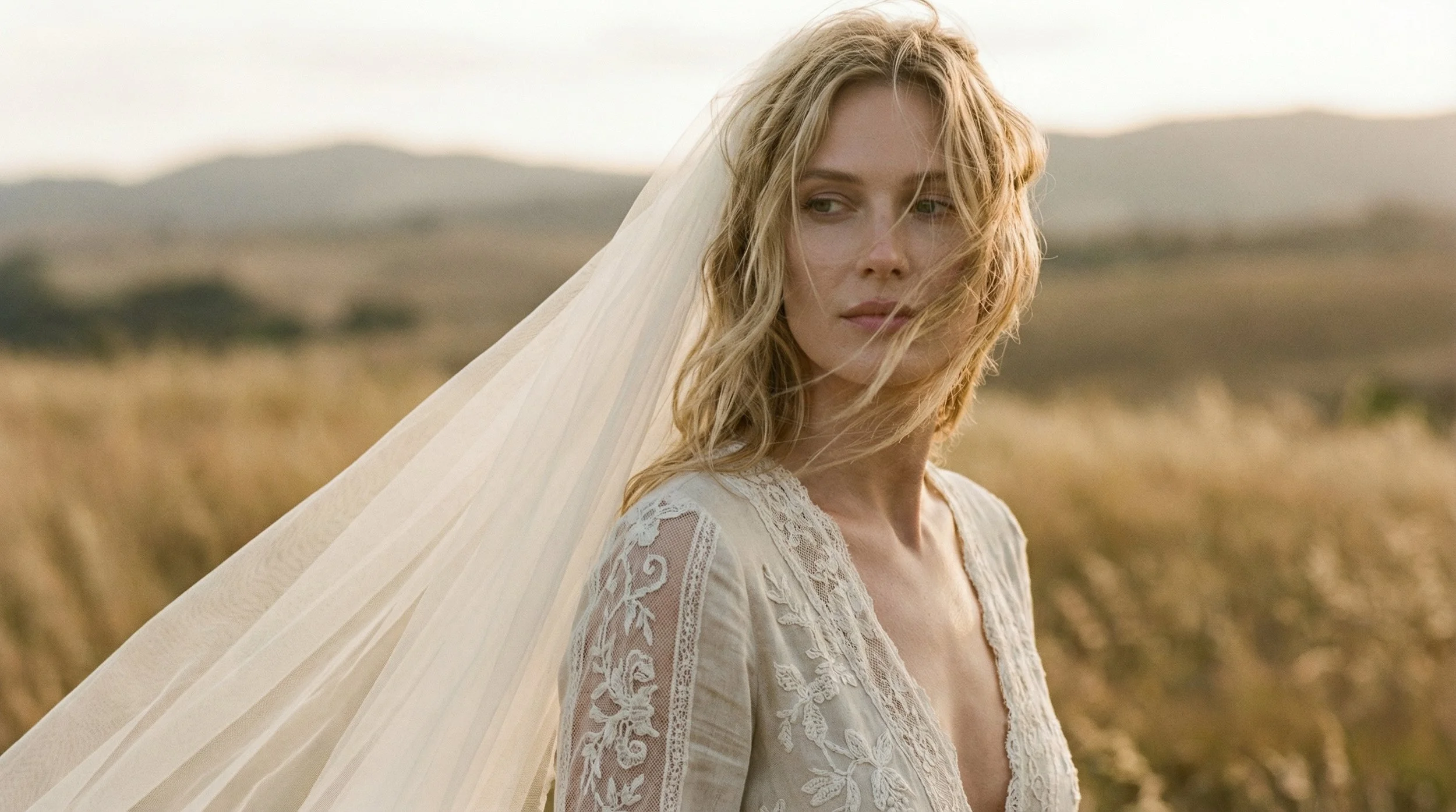 A woman in a wedding dress outdoors with a long veil, standing in a field with hills in the background, bathed in warm sunlight.