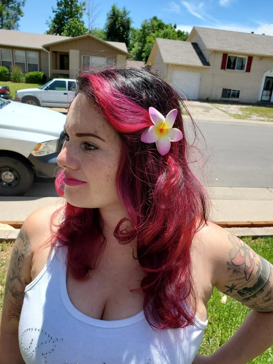 Custom fuchsia hair coloring with dark brown cool tones by Denver Cherry Creek hair color specialist