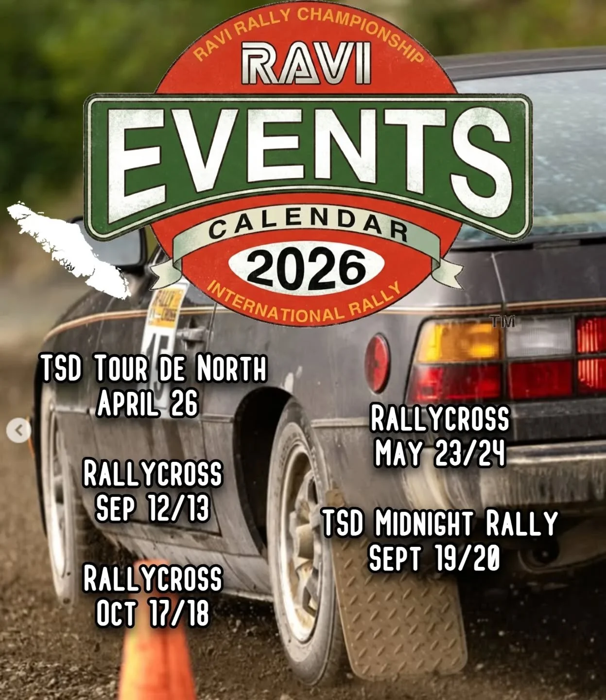 Schedule of rally events for 2026 over a photo of a black rally car on a dirt track. The events listed include TSD Tour de North on April 26, Rallycross on May 23-24, TSD Midnight Rally on September 19-20, Rallycross on September 12-13, and Rallycross on October 17-18. The image features a large sticker for the 2026 Ravi Rally Championship.