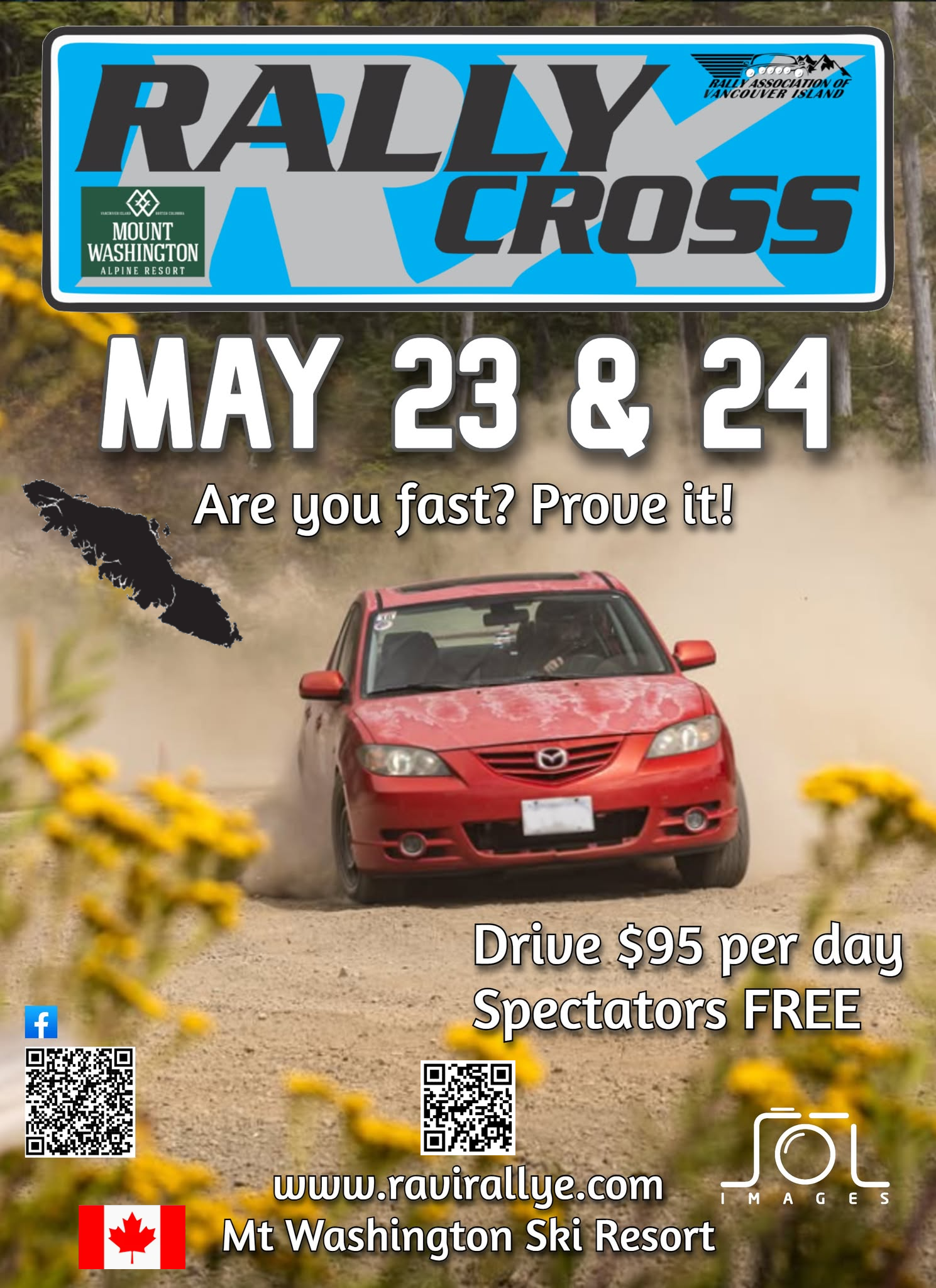 A promotional poster for the Rally Cross event on May 23 and 24 at Mount Washington Ski Resort, featuring a red Mazda car racing on a dirt road with dust clouds. The poster includes event details, a slogan asking 'Are you fast? Prove it!', and mentions drive $95 per day with free spectator admission. There are QR codes, social media icons, and a Canadian flag at the bottom.