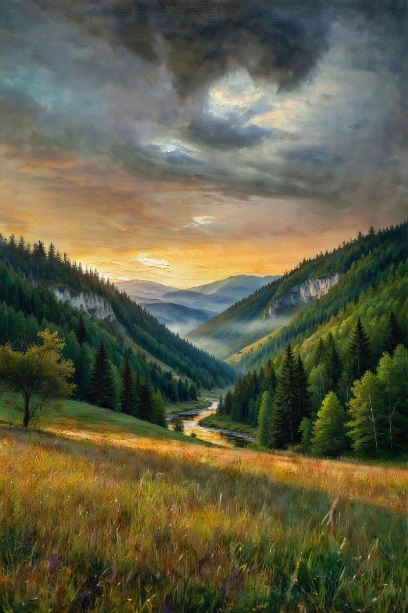 A landscape painting of a mountain valley at sunset with a river flowing through lush green forests and hills under dark, cloudy skies.