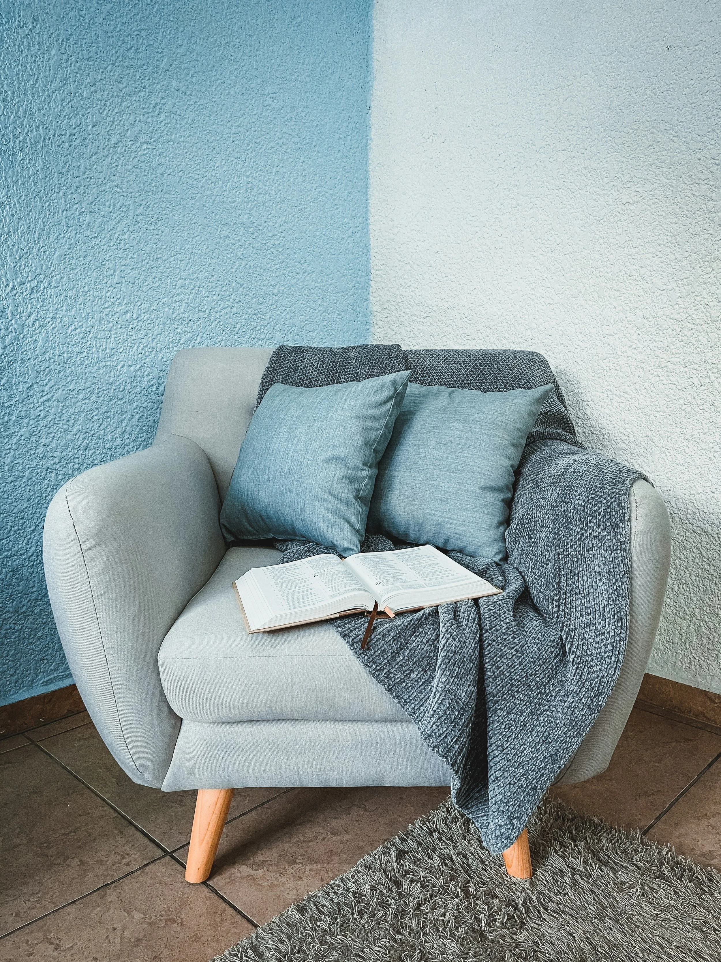 A cozy living room corner with a light gray armchair, two blue cushions, a blue knitted throw blanket, an open book, a gray shaggy rug, and textured white and blue walls.